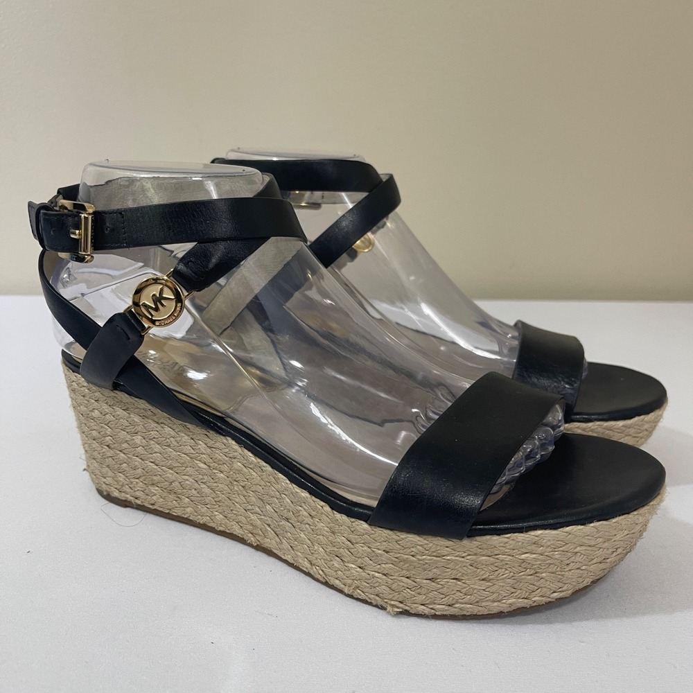 Michael Kors Sandals Womens 8.5M Jalita Black Leather Strappy Platform Wedge - Picture 1 of 11
